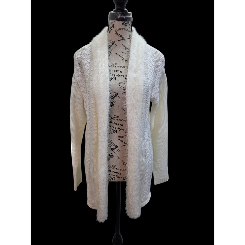 EST. 1846 Ivory White Faux Fur Trim Open Front Cardigan Sweater S Lace Up Back